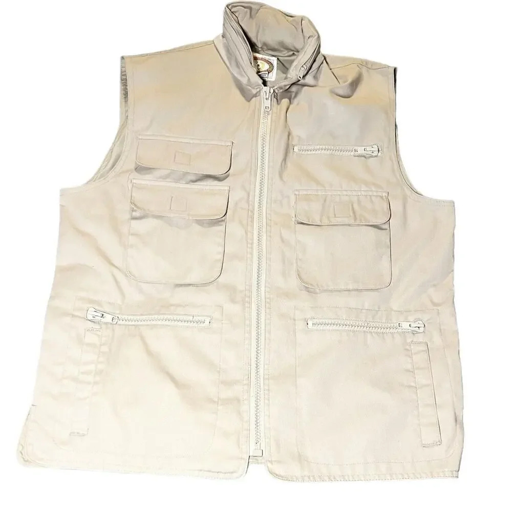 Vintage Banana Republic Vest Adult Medium Beige Safari Photographer Pockets Hood